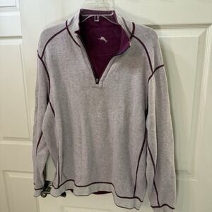 Tommy Bahama Sweater Mens Large Preppy‎ Logo Plum Gray 1/4 Zip Reversible
